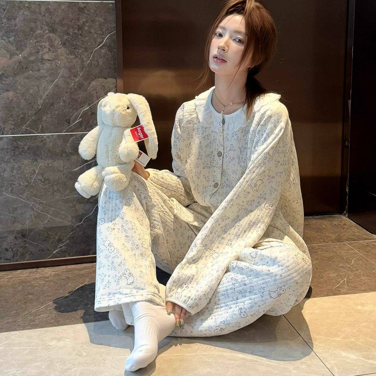2026年秋冬长袖空气棉夹层甜美碎花睡衣女蕾丝花边兔子开衫家居服