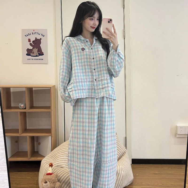 清新治愈风彩格纹长袖睡衣女秋云朵棉长袖长裤开衫家居套装可外穿