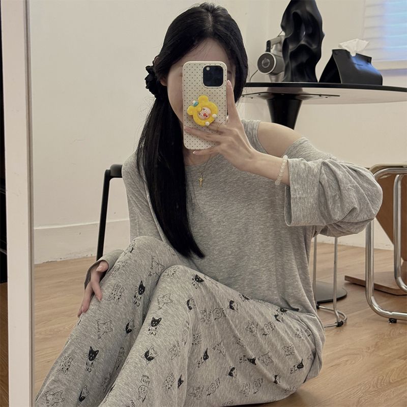 韩版长袖圆领睡衣女2026年秋季莫代尔露肩宽松休闲可外穿家居服