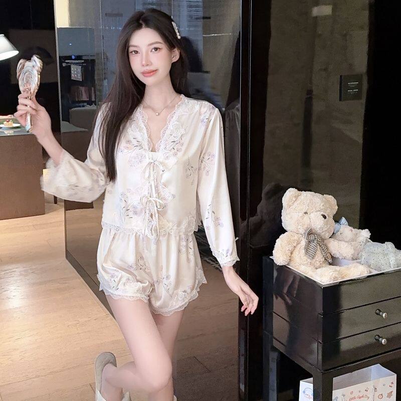 性感纯欲风宫廷风冰雪丝睡衣女蕾丝精致千金感绑带长袖短裤套装