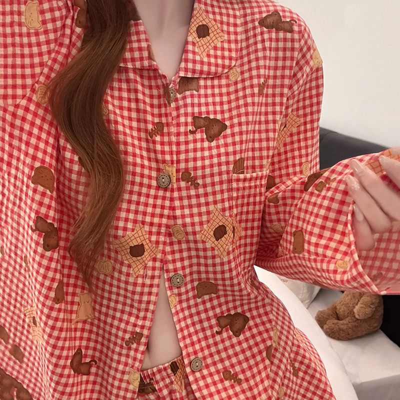 韩系ins风春秋长袖云朵棉睡衣女2026可爱条纹印花娃娃领开衫套装