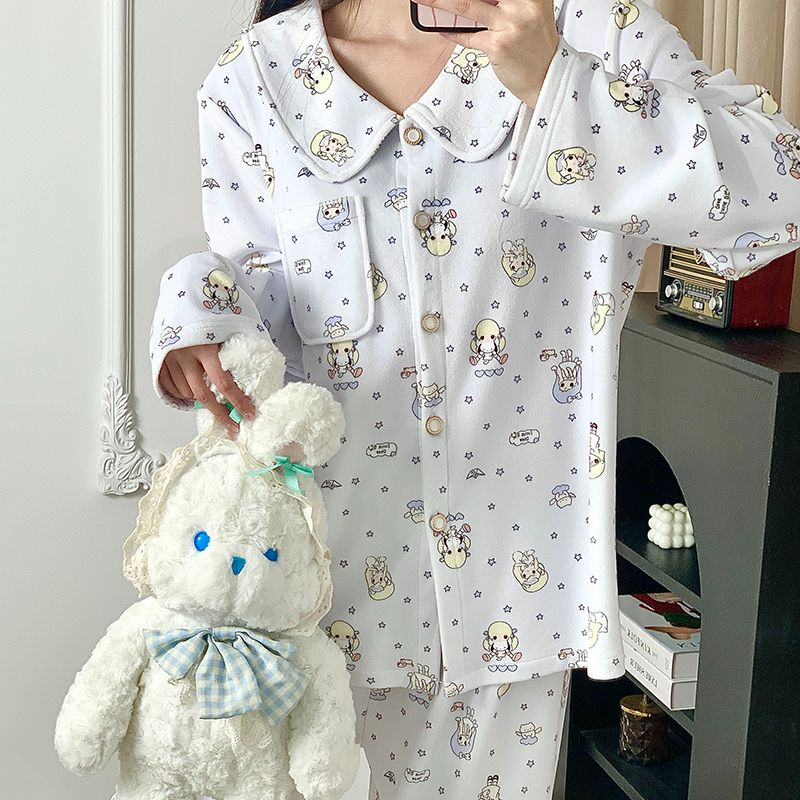 2026年秋冬季加厚海岛绒睡衣女甜美卡通娃娃领开衫翻领家居服套装