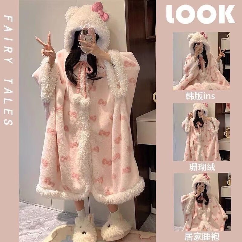 珊瑚绒睡衣女冬季毛绒加厚斗篷睡袍可爱少女凯蒂猫连帽大码家居服