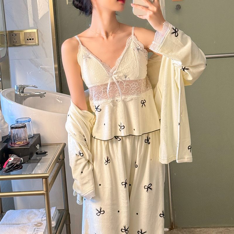 甜美蕾丝蝴蝶结海岛绒睡衣女三件套2026年秋冬季新款吊带长袖套装