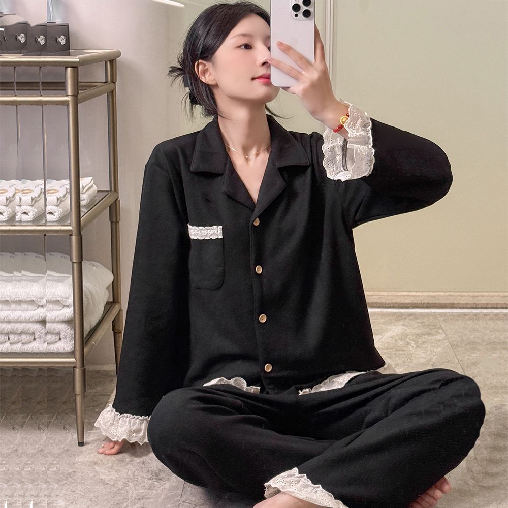 韩系Ins风高级蕾丝开衫睡衣女2026秋冬长袖新款慕斯羊绒纯色套装