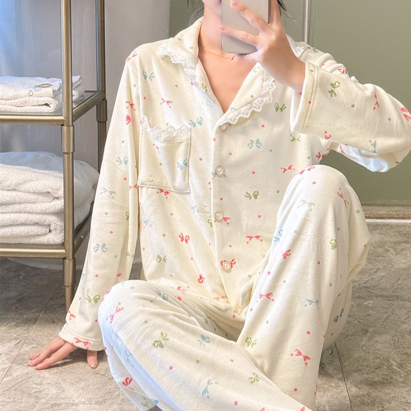 甜美韩系蕾丝少女海岛绒睡衣女2026年秋冬长袖蝴蝶结开衫保暖套装