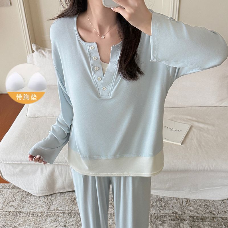 2026春秋长袖带胸垫纯棉莫代尔睡衣女休闲ins慵懒韩系可外穿套装