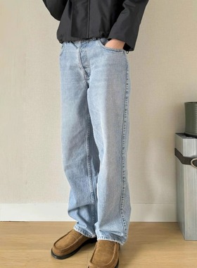 VUJADE009全棉美式cleanfit复古vibe蓝色做旧水洗直筒牛仔裤潮