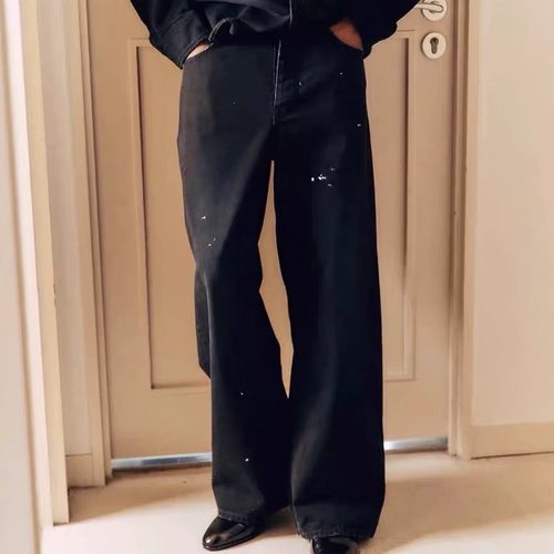 全棉黑色做旧水洗直筒牛仔裤潮