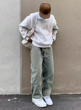 自主重磅B01水洗复古风格伐木裤双膝做旧b136美式牛仔工装裤男