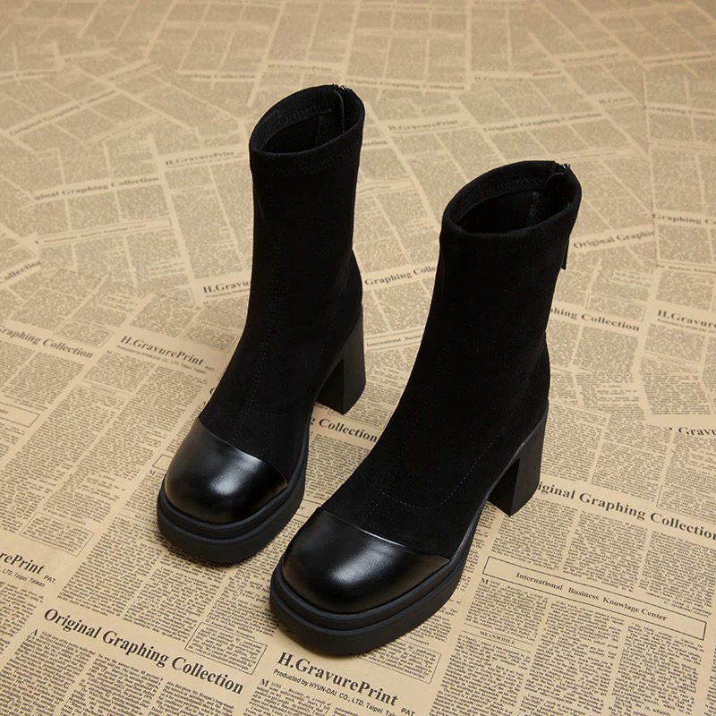 真皮高跟短靴女小个子弹力雪地靴