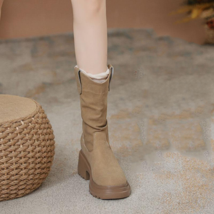 真皮厚底中筒靴女2025新款秋冬褶皱增高瘦瘦靴堆堆靴小个子短靴女