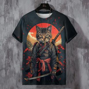 Vintage Cat 3D Printed T-shirt for Men古风 猫咪3d印花T恤男士