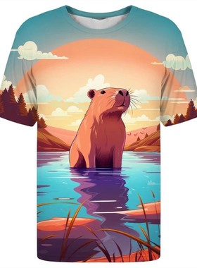 Capibala pattern printed short sleeved shirt卡皮巴拉印花短袖