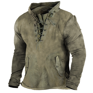 Solid color tactical lace-up hooded T-shirt纯色战术连帽T恤男