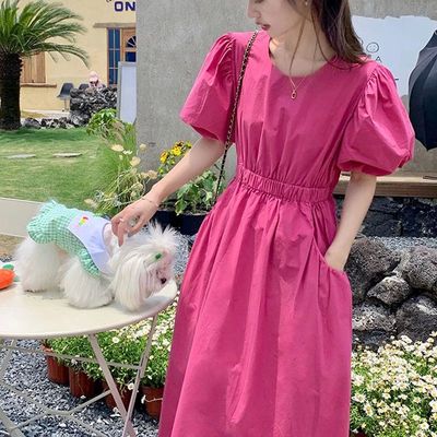 Solid color short sleeved waist cinching dress短袖收腰连衣裙