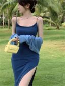 Split Long Strap Sexy Wrapped Hip Dress 性感开叉吊带包臀长裙