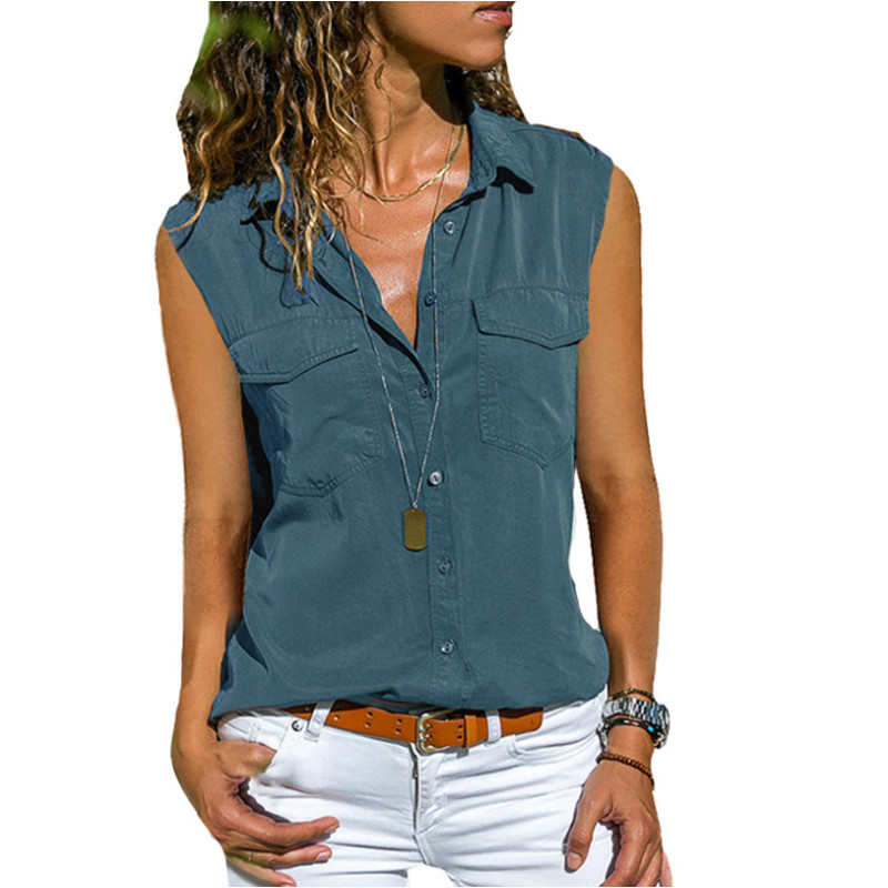 Fashion Solid Polo Sleeveless Shirt 时尚纯色翻领无袖衬衫女士