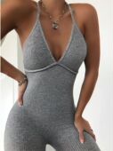 solid neck Sexy halter top color onesie性感V领纯色连体衣女