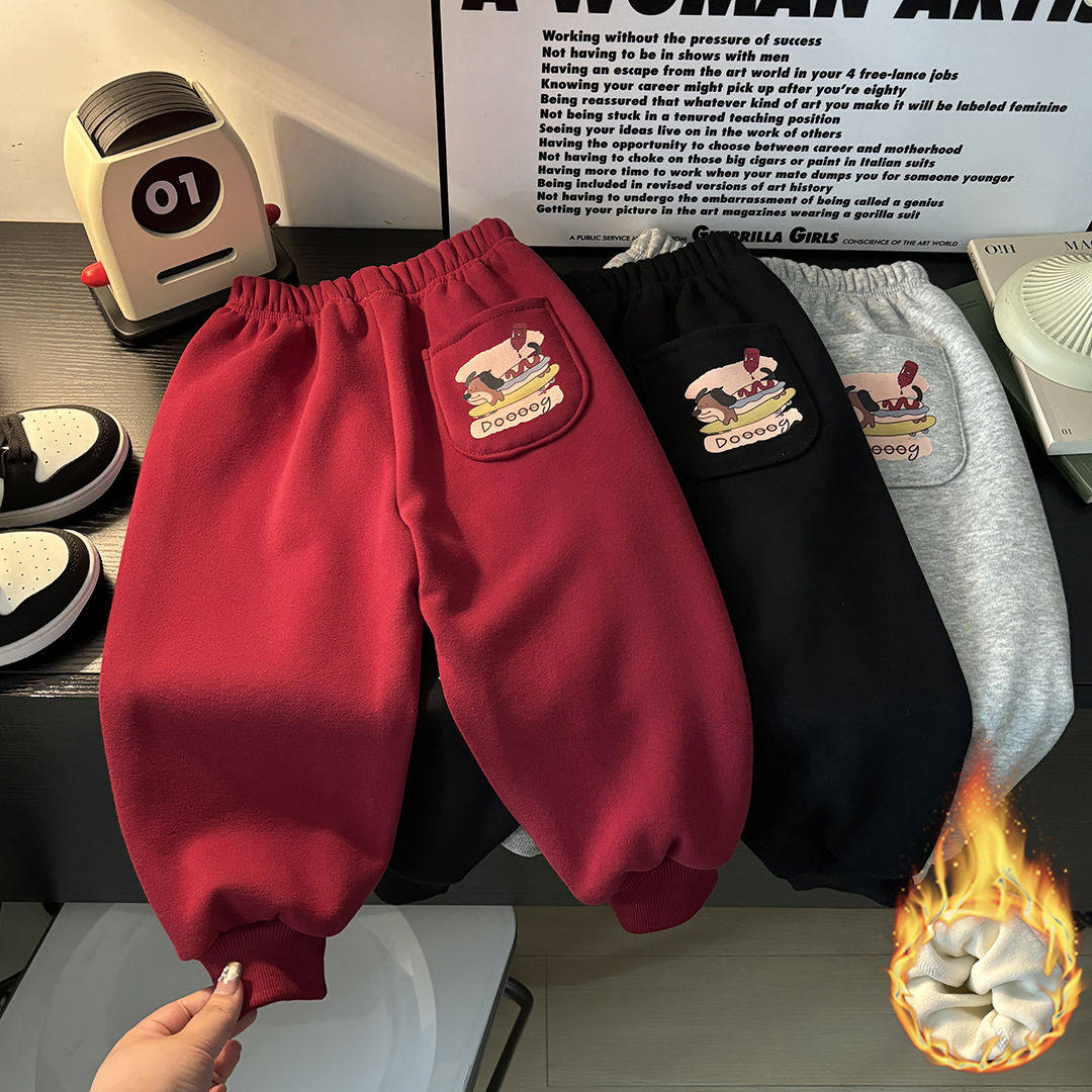 儿童加绒卫裤男女童秋冬新款外穿百搭卡通束脚裤一体绒保暖长裤潮