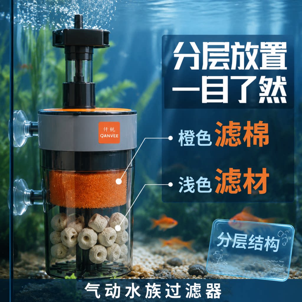 仟锐鱼缸气动海绵过滤增氧水妖精