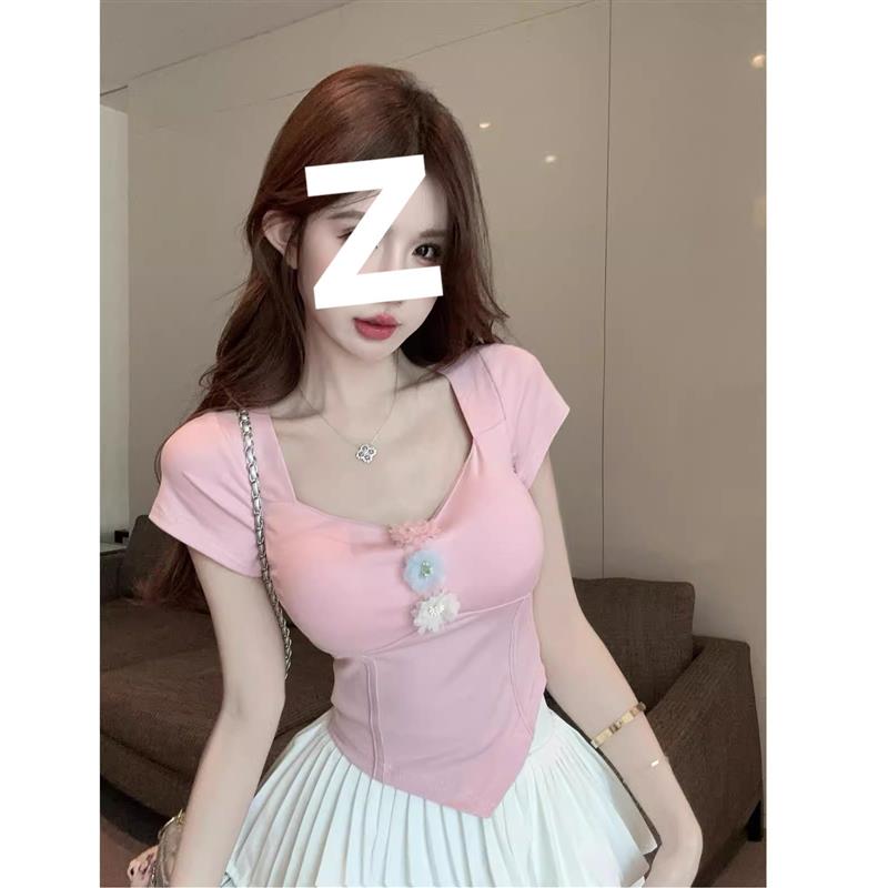 辣妹绿色方领短袖T恤女夏季设计感独特绝美花朵紧身显瘦短款上衣