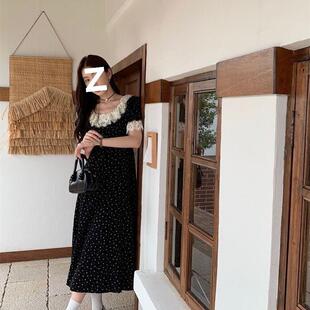 轻奢短袖 2025夏季 荷叶领甜美碎花连衣裙中长款 新款 茶歇裙 黑色法式