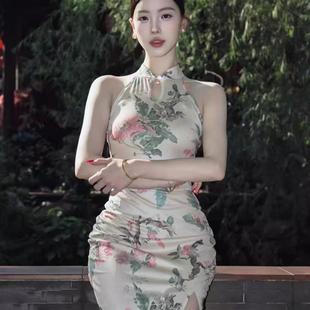 微胖mm纯欲新中式 国风开衩挂脖包臀裙 无袖 收腰旗袍裙女夏气质修身