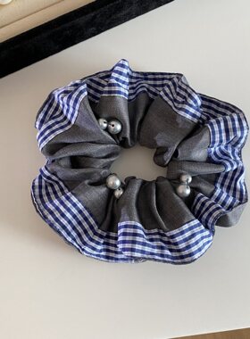 韩系灰拼蓝格子大肠发圈高级感半扎发蝴蝶结头饰后脑勺盘发夹