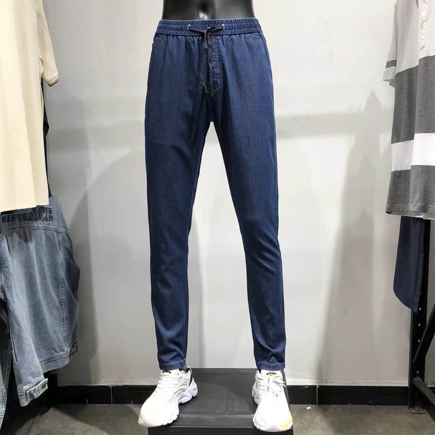 正品大牌！男装品牌！抽绳松紧腰修身小脚牛仔裤薄款弹力男裤长裤