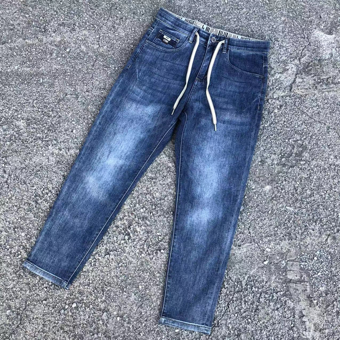 男装品牌！海家撤柜男士修身小脚蓝色牛仔裤抽绳长裤修身裤九分裤