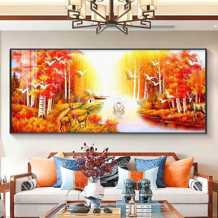 大树装饰画现代简约客厅沙发背景墙挂画枫叶满地黄金风景油画壁画