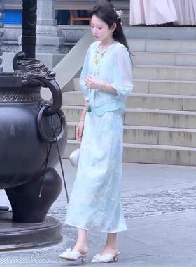 2026超火夏装一整套2026新款爆款高级感轻奢新中式国风蓝色套装裙
