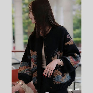 独特高端新中式国风开衫毛衣外套女2025秋季新款慵懒宽松针织上衣