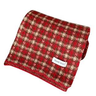 韩系毛线小围巾女秋冬季红色格子2026新款高级感保暖针织圣诞围脖