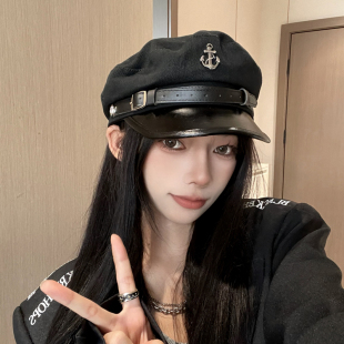 海军风女贝雷帽子2026新款 黑色八角帽皮质春秋船锚英伦报童鸭舌帽