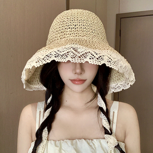 草帽女蕾丝绑带渔夫帽夏季防晒遮阳防紫外线海边出游拍照草编帽子