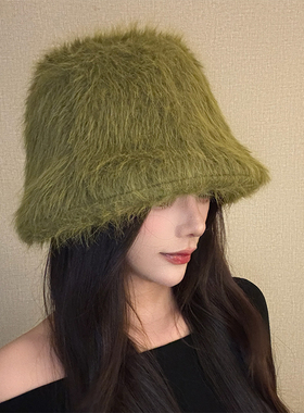 2026新款毛绒渔夫帽女秋冬季保暖显脸小百搭盆帽绿色洋气毛毛帽子
