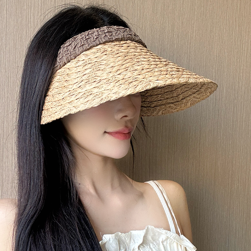 夏季大檐空顶帽女防晒防紫外线发箍款遮阳帽骑车沙滩草编太阳帽子