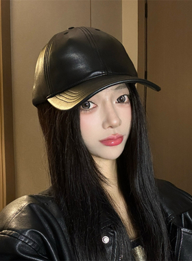 PU皮质鸭舌帽女2025新款秋冬英伦时尚百搭棒球帽硬顶宽檐美式潮帽