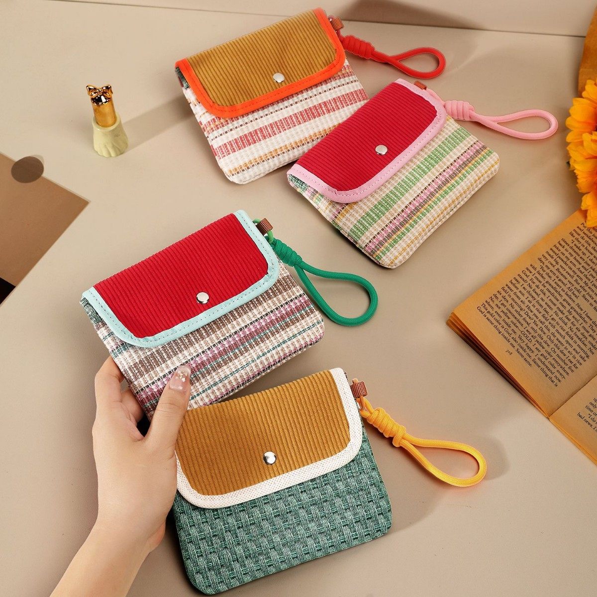 撞色大容量证件包高颜值卫生巾收纳包学生便携布艺条纹口红零钱包,收纳整理,卡包/证件包,淘宝优惠券,粉丝福利购,淘宝优惠卷