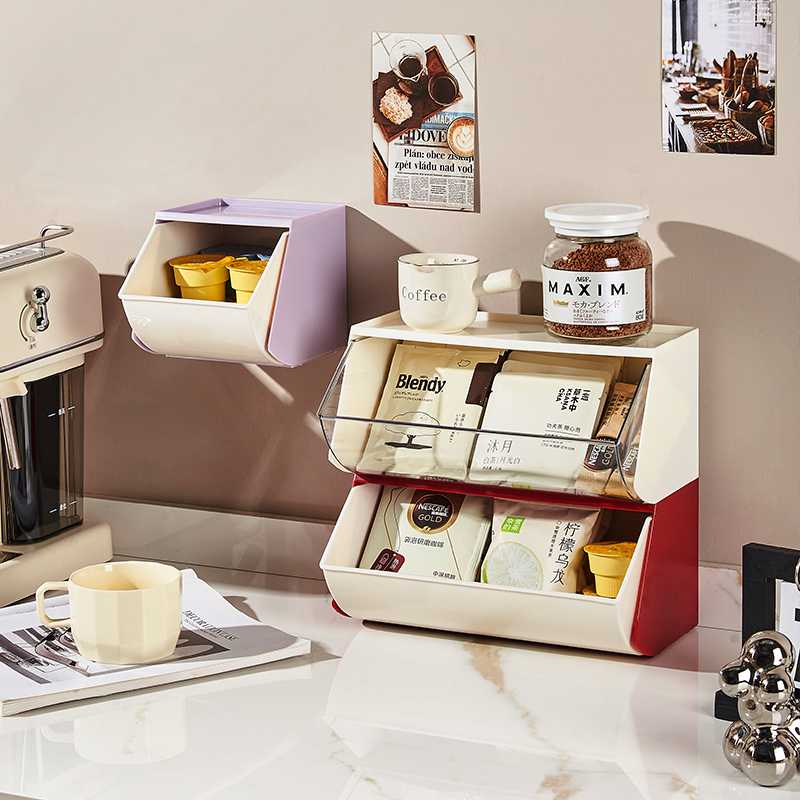 桌面收纳盒茶叶叠加防尘茶水间客厅办公室收纳置物架咖啡零食茶叶