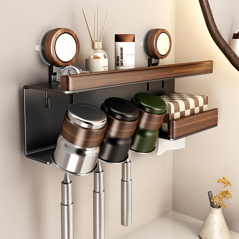 吸盘胡桃木不锈钢牙刷置物架卫生间浴室洗漱台免打孔壁挂置物架擦