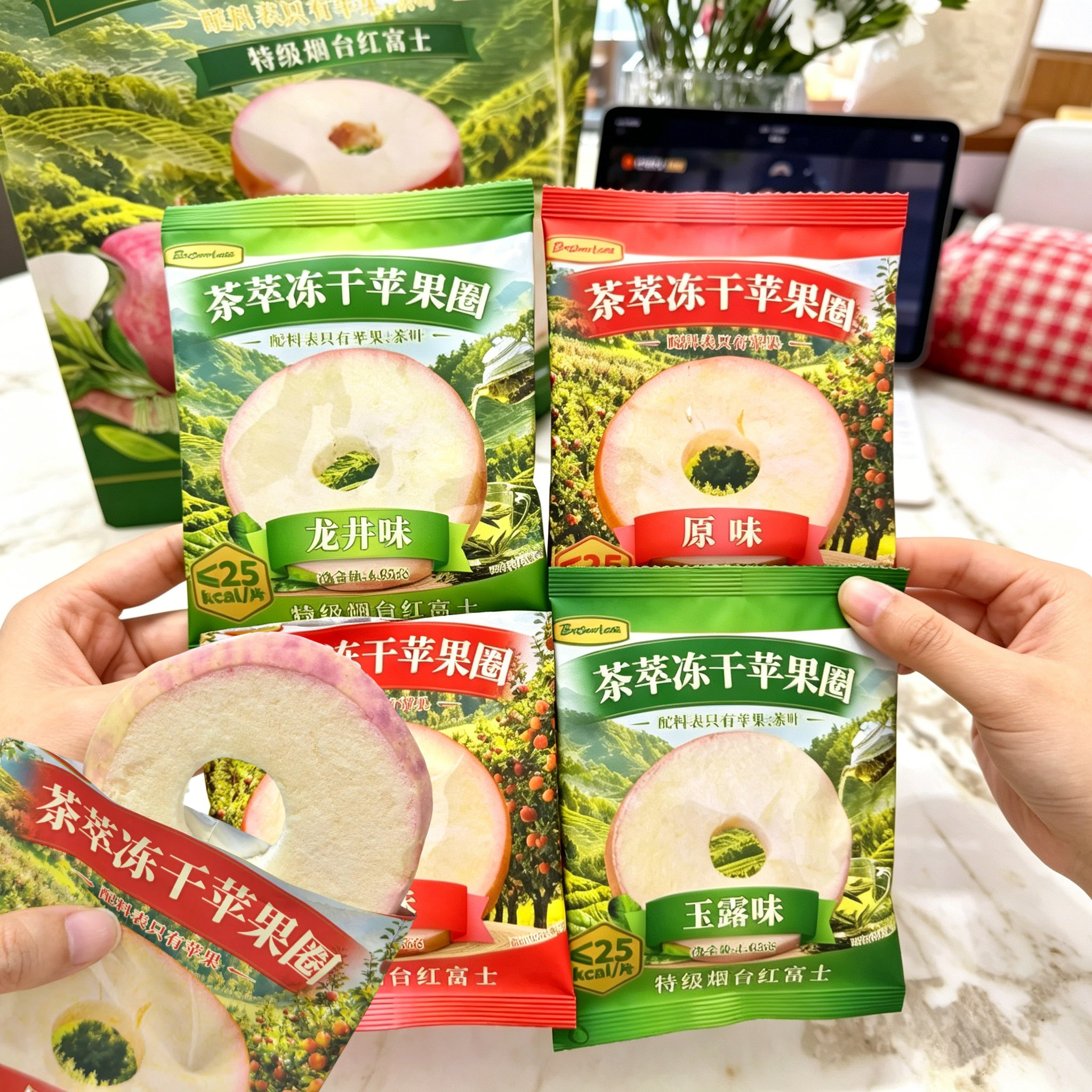 茶萃冻干苹果圈原味玉露味龙井味烟台红富士茶粹冻干苹果圈苹果干