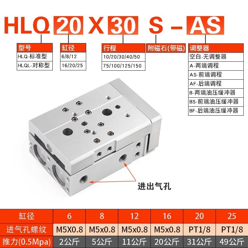 亚德客型气动导轨精密滑台气缸HLQ6/HLS8/12/16/20-10X20X30/50S