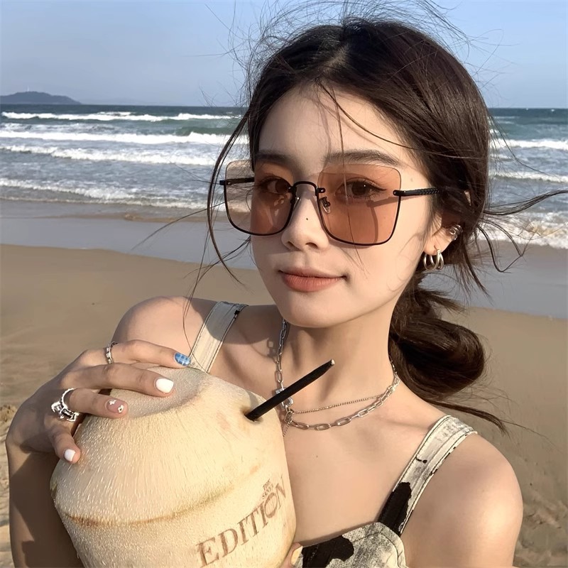 时尚女半框太阳镜高级感方框网红爆款大框显脸瘦香槟茶色开车户外