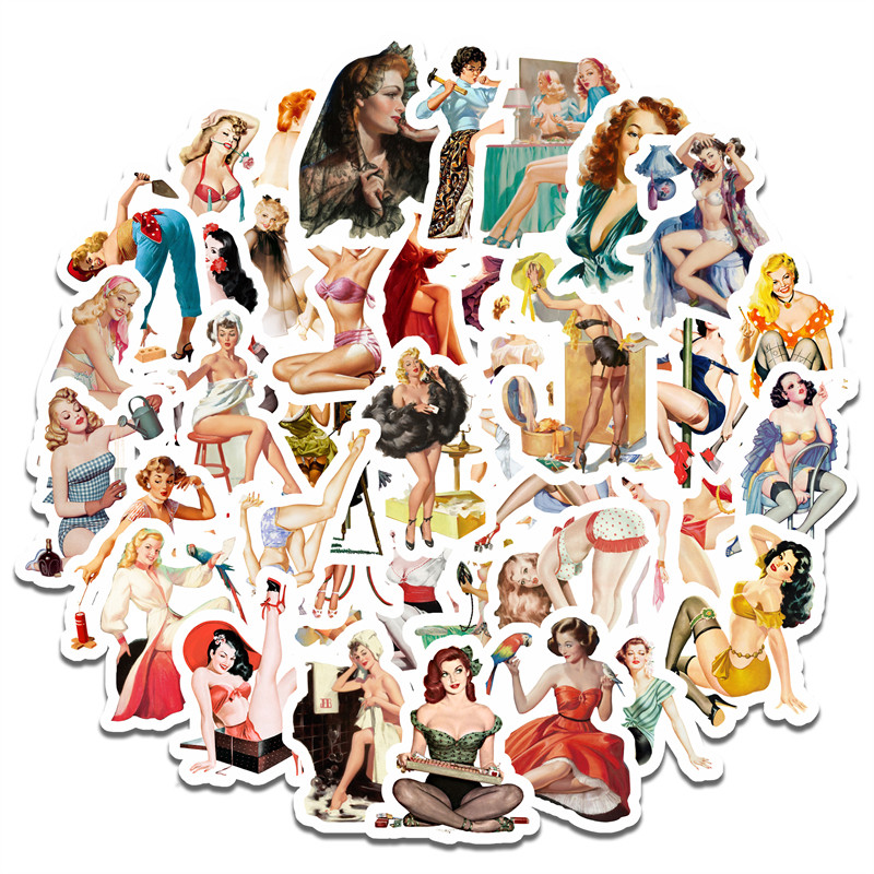 50张欧美二战海报明星美女装饰贴画保温杯平板笔记本手账本滑板水杯