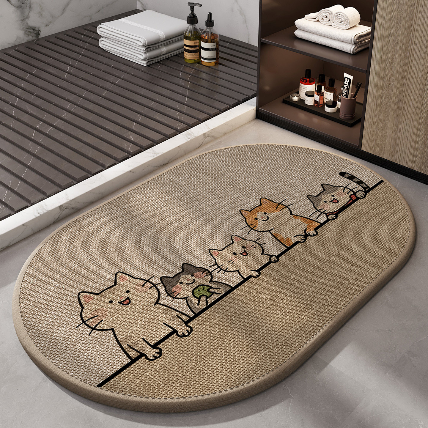 卡通猫咪浴室地垫椭圆卫生间吸水防滑脚垫子洗澡厕所门口地毯速干,居家布艺,家用脚垫,淘宝优惠券,粉丝福利购,淘宝优惠卷