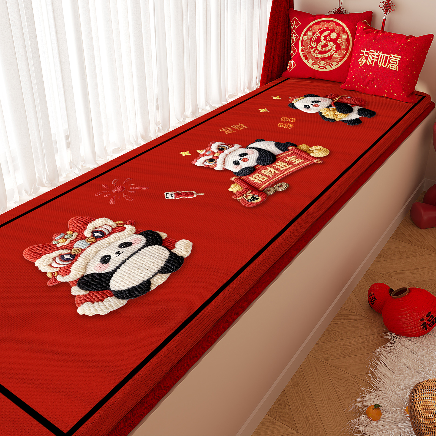 新年熊猫飘窗垫儿童卧室窗台垫红