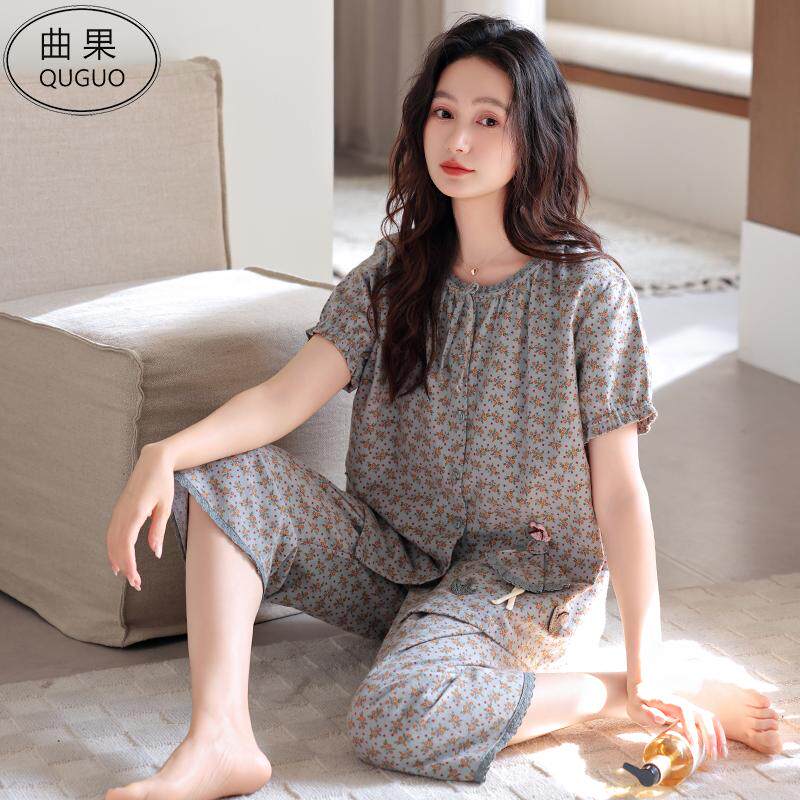 曲果女士纯棉短袖七分裤睡衣